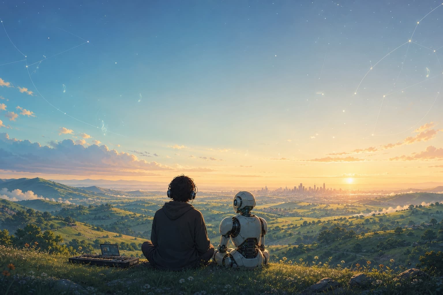 A music creator in headphones and a friendly AI agent on a hillside at golden hour, looking out over a valley toward a distant skyline.